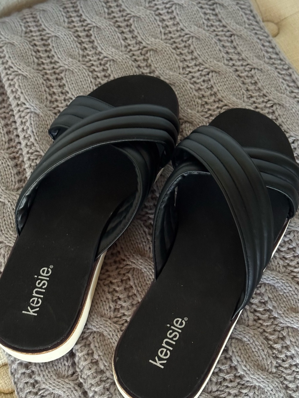 Kensie Black Padded Cross-Strap Slide Mules